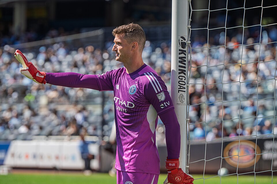 New York City FC goalkeeper Matt Freese directs teammates during a 2025 MLS match.