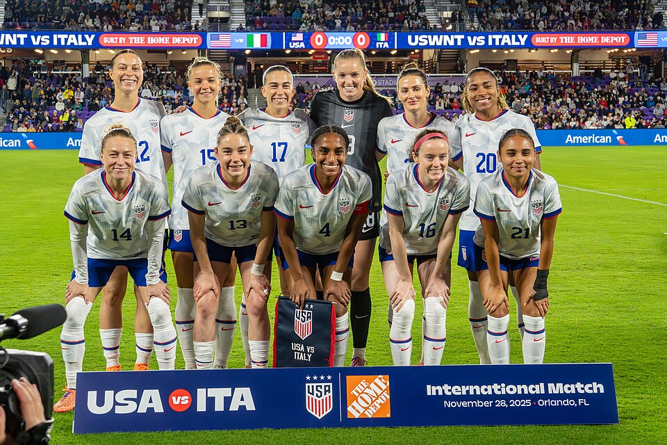 The United States women's national team lines up before a match against Italy in 2025.